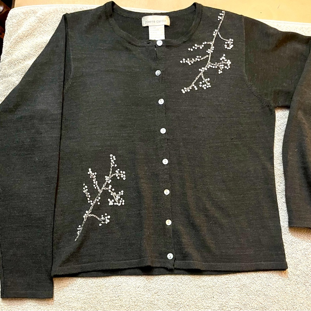 Pierre Cardin Gray Cardigan Sequins Floral Embroidered Vintage